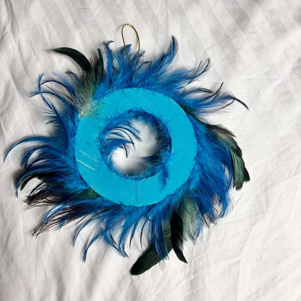 Handmade small blue peacock feather wreath or Christmas ornament